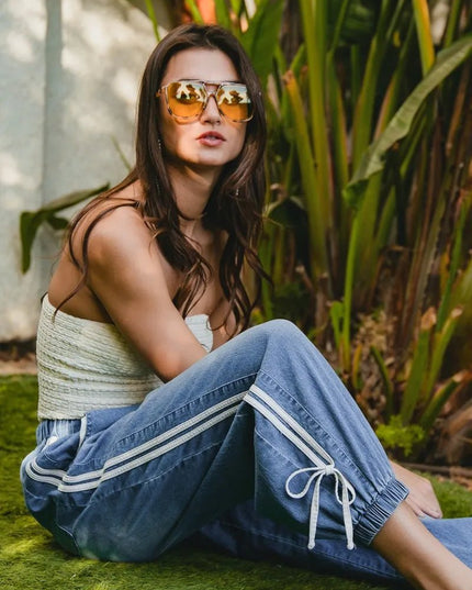 BiBi Striped Tape Details With Bot Tied Point Elastic Waist Jeans - THE AMERICAN BLUE
