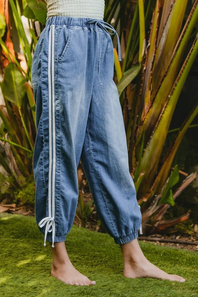 BiBi Striped Tape Details With Bot Tied Point Elastic Waist Jeans - THE AMERICAN BLUE