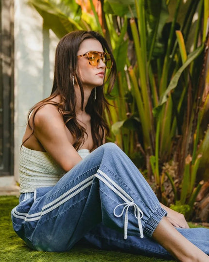 BiBi Striped Tape Details With Bot Tied Point Elastic Waist Jeans - THE AMERICAN BLUE
