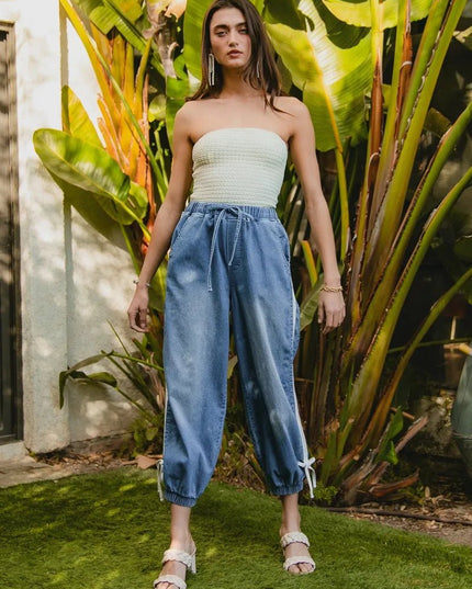 BiBi Striped Tape Details With Bot Tied Point Elastic Waist Jeans - THE AMERICAN BLUE