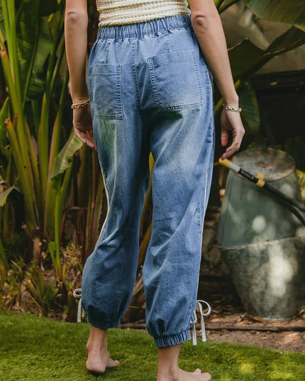 BiBi Striped Tape Details With Bot Tied Point Elastic Waist Jeans - THE AMERICAN BLUE
