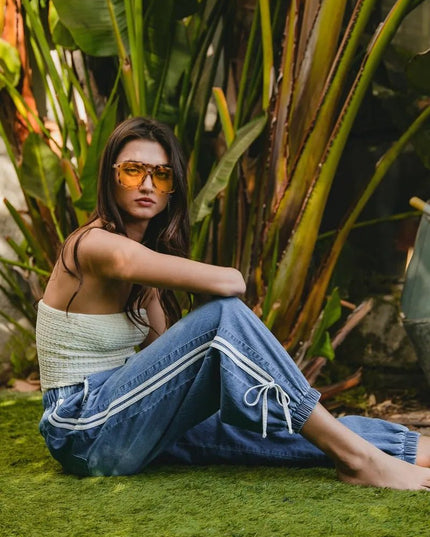 BiBi Striped Tape Details With Bot Tied Point Elastic Waist Jeans - THE AMERICAN BLUE