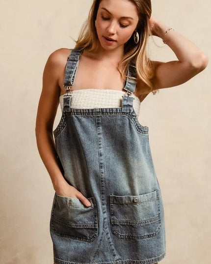 BiBi Washed Adjustable Strap Denim Overall Dress - THE AMERICAN BLUE