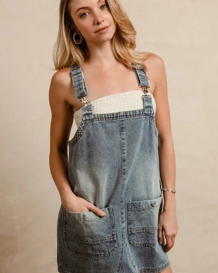 BiBi Washed Adjustable Strap Denim Overall Dress - THE AMERICAN BLUE