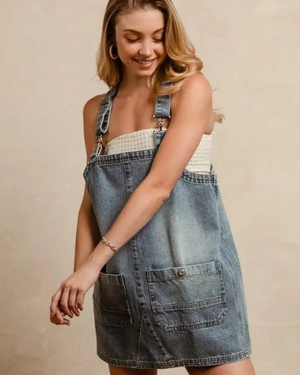 BiBi Washed Adjustable Strap Denim Overall Dress - THE AMERICAN BLUE