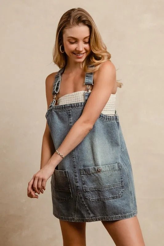 BiBi Washed Adjustable Strap Denim Overall Dress - THE AMERICAN BLUE