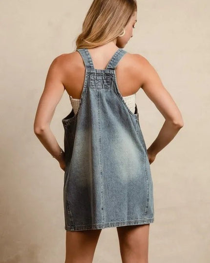 BiBi Washed Adjustable Strap Denim Overall Dress - THE AMERICAN BLUE