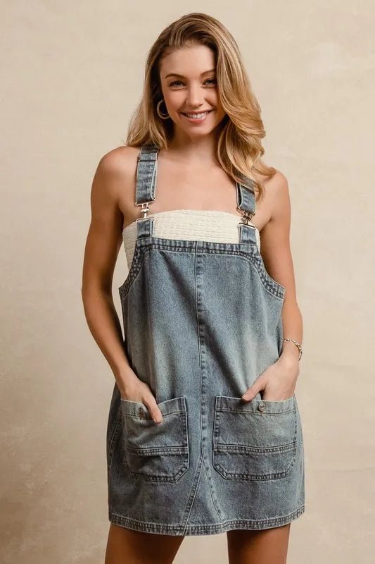BiBi Washed Adjustable Strap Denim Overall Dress - THE AMERICAN BLUE