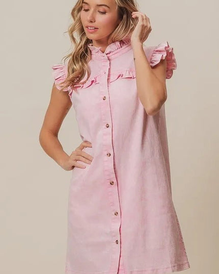 BiBi Washed Button Down Ruffled Cap Sleeve Denim Dress - THE AMERICAN BLUE