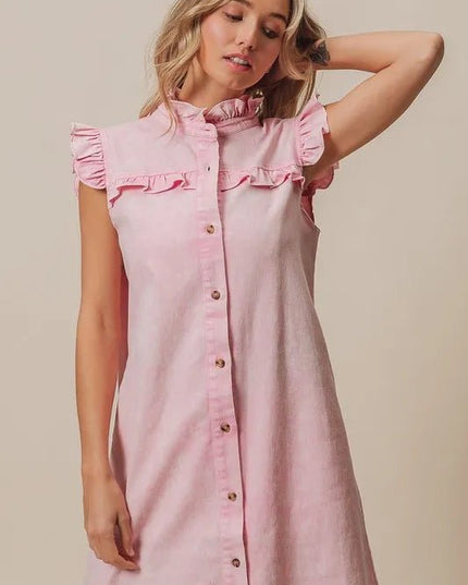 BiBi Washed Button Down Ruffled Cap Sleeve Denim Dress - THE AMERICAN BLUE