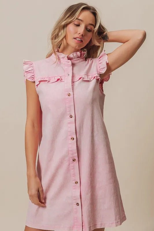 BiBi Washed Button Down Ruffled Cap Sleeve Denim Dress - THE AMERICAN BLUE