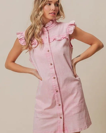 BiBi Washed Button Down Ruffled Cap Sleeve Denim Dress - THE AMERICAN BLUE