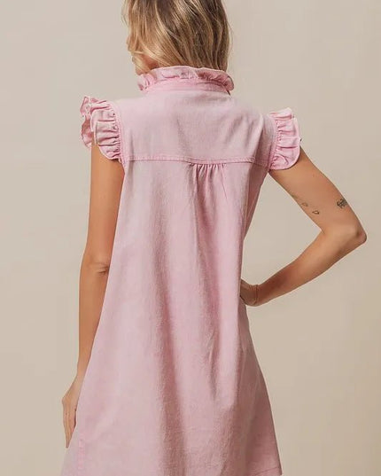 BiBi Washed Button Down Ruffled Cap Sleeve Denim Dress - THE AMERICAN BLUE