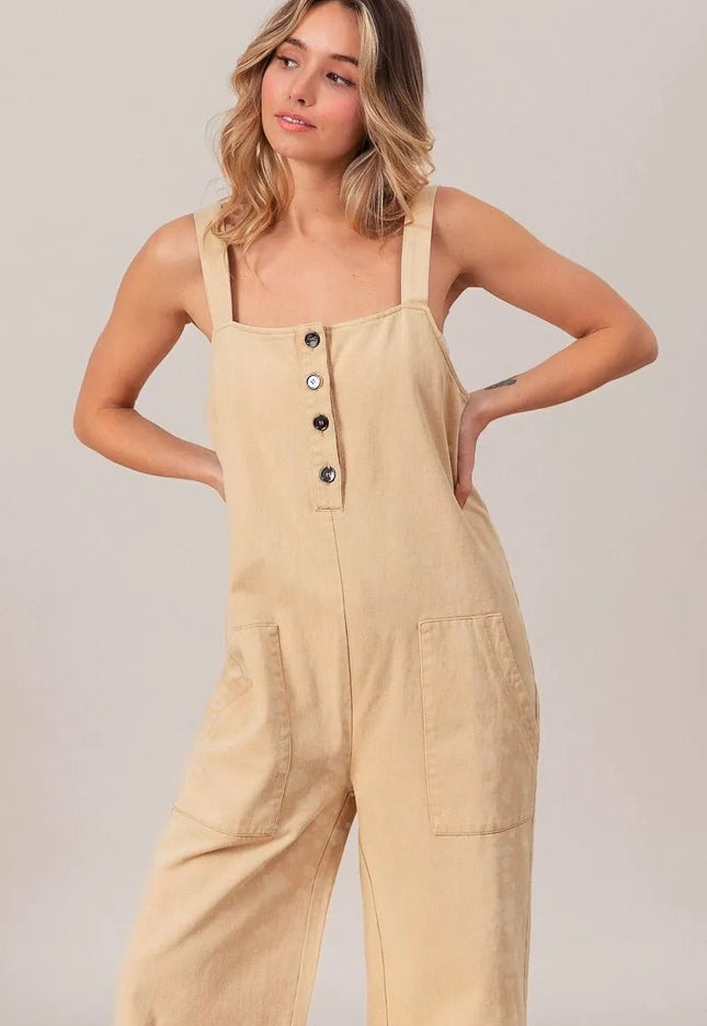 BiBi Washed Denim Buttoned Overall Jumpsuit - THE AMERICAN BLUE
