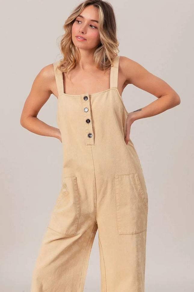 BiBi Washed Denim Buttoned Overall Jumpsuit - THE AMERICAN BLUE