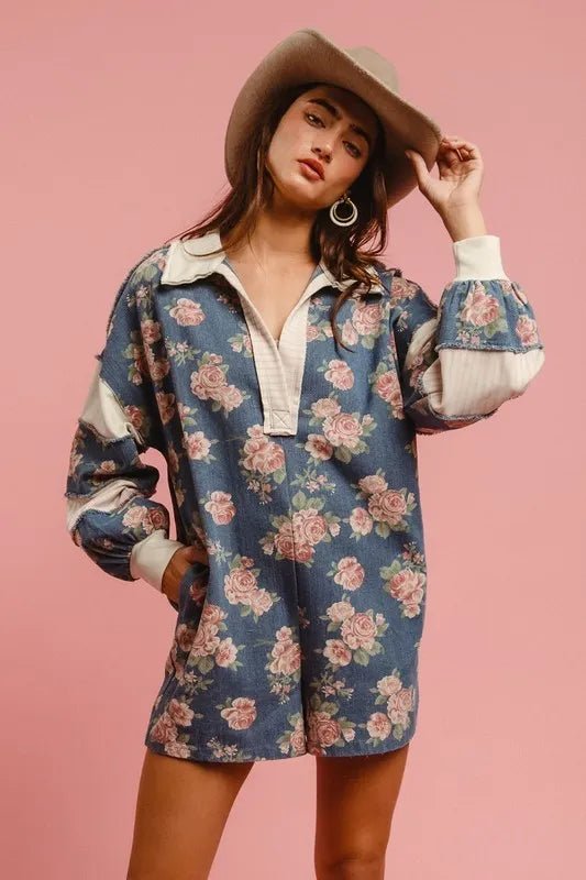 BiBi Washed Floral Denim Romper With Contrast Collar - THE AMERICAN BLUE