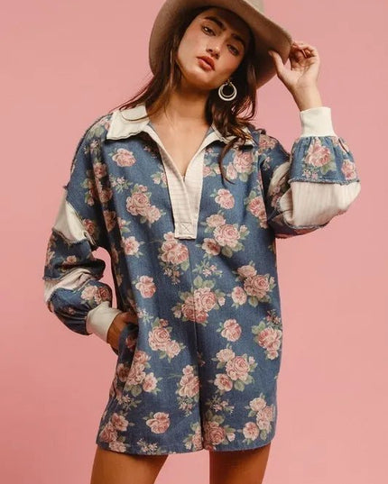 BiBi Washed Floral Denim Romper With Contrast Collar - THE AMERICAN BLUE