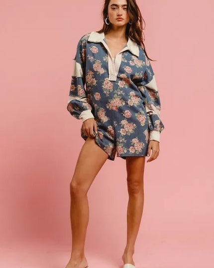 BiBi Washed Floral Denim Romper With Contrast Collar - THE AMERICAN BLUE
