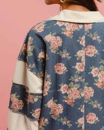 BiBi Washed Floral Denim Romper With Contrast Collar - THE AMERICAN BLUE