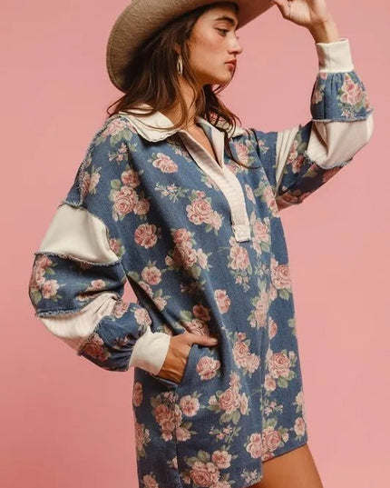 BiBi Washed Floral Denim Romper With Contrast Collar - THE AMERICAN BLUE