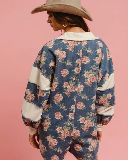BiBi Washed Floral Denim Romper With Contrast Collar - THE AMERICAN BLUE