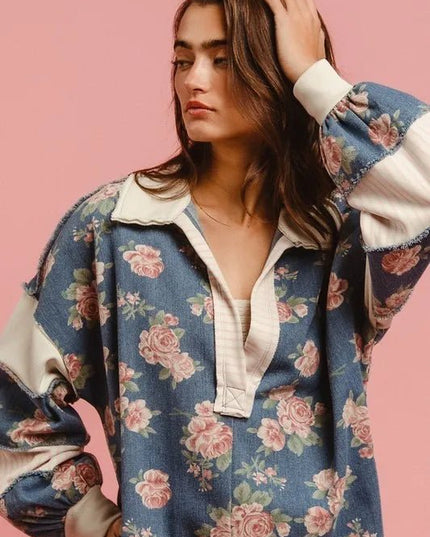 BiBi Washed Floral Denim Romper With Contrast Collar - THE AMERICAN BLUE