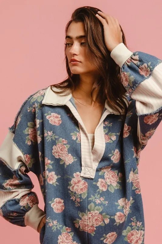 BiBi Washed Floral Denim Romper With Contrast Collar - THE AMERICAN BLUE