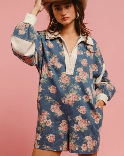 BiBi Washed Floral Denim Romper With Contrast Collar - THE AMERICAN BLUE