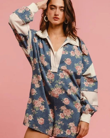 BiBi Washed Floral Denim Romper With Contrast Collar - THE AMERICAN BLUE