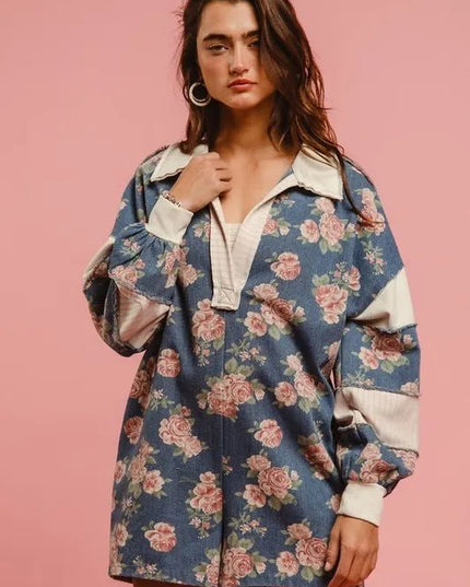 BiBi Washed Floral Denim Romper With Contrast Collar - THE AMERICAN BLUE
