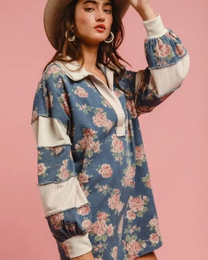 BiBi Washed Floral Denim Romper With Contrast Collar - THE AMERICAN BLUE