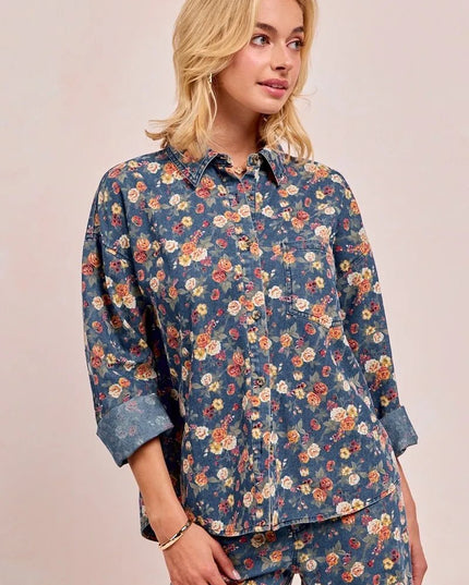 BiBi Washed Floral Print Denim Jacket - THE AMERICAN BLUE