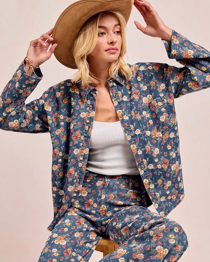 BiBi Washed Floral Print Denim Jacket - THE AMERICAN BLUE