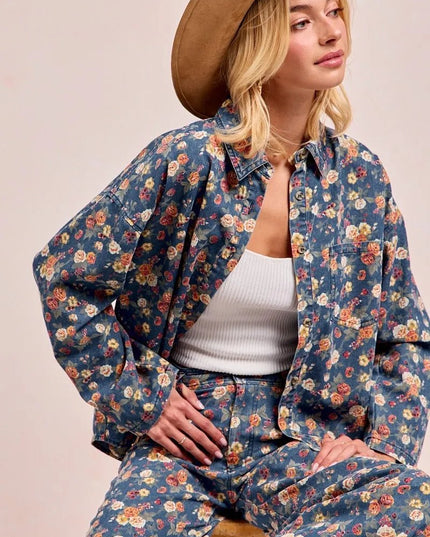 BiBi Washed Floral Print Denim Jacket - THE AMERICAN BLUE