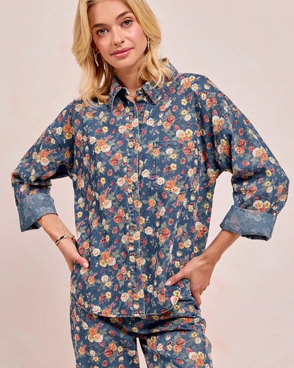 BiBi Washed Floral Print Denim Jacket - THE AMERICAN BLUE