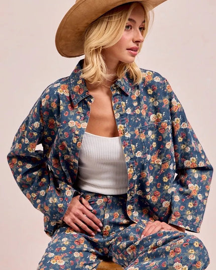BiBi Washed Floral Print Denim Jacket - THE AMERICAN BLUE