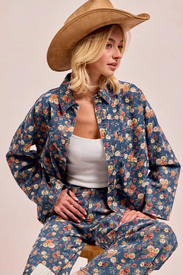 BiBi Washed Floral Print Denim Jacket - THE AMERICAN BLUE
