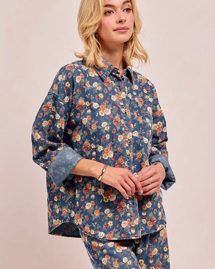 BiBi Washed Floral Print Denim Jacket - THE AMERICAN BLUE