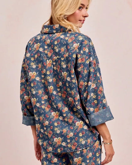 BiBi Washed Floral Print Denim Jacket - THE AMERICAN BLUE