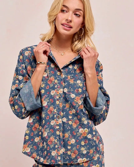 BiBi Washed Floral Print Denim Jacket - THE AMERICAN BLUE
