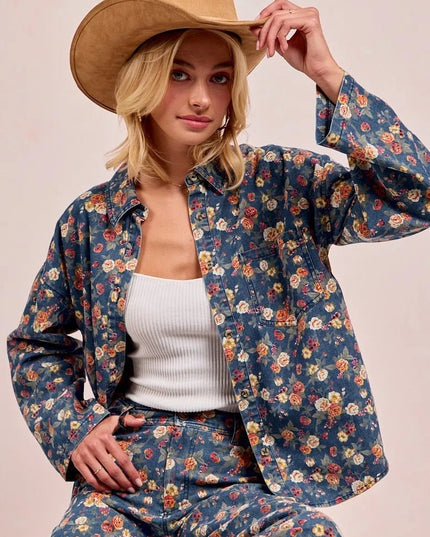 BiBi Washed Floral Print Denim Jacket - THE AMERICAN BLUE