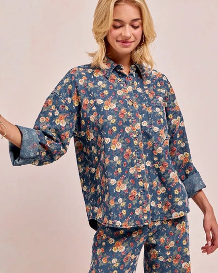 BiBi Washed Floral Print Denim Jacket - THE AMERICAN BLUE