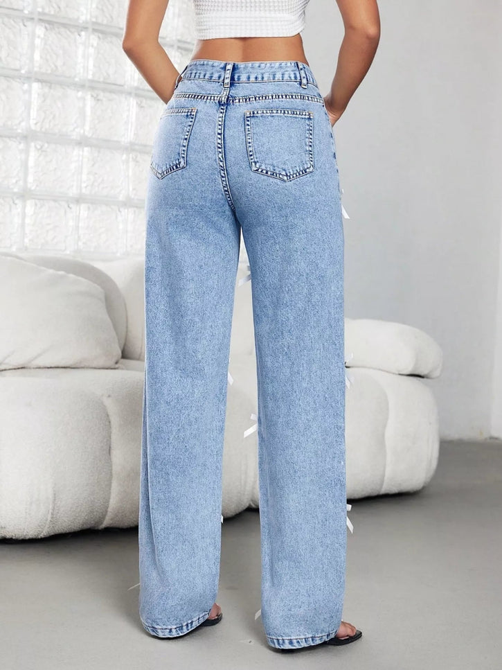 Bow Decor High Waist Wide Leg Jeans - THE AMERICAN BLUE