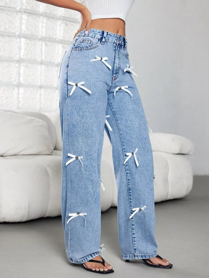 Bow Decor High Waist Wide Leg Jeans - THE AMERICAN BLUE