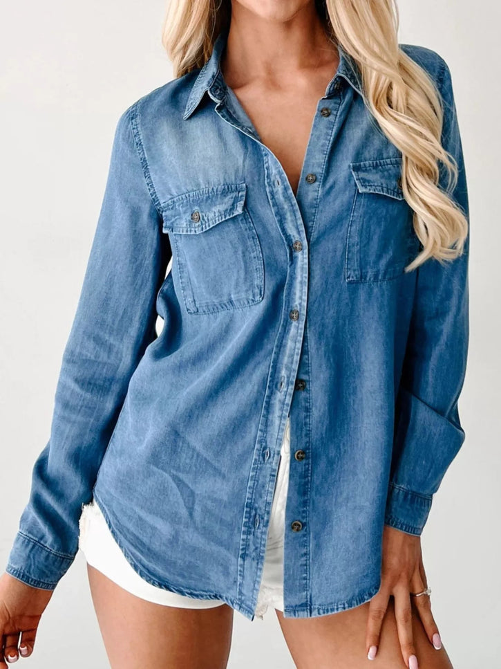 Button - Down Collared Neck Denim Shirt - THE AMERICAN BLUE