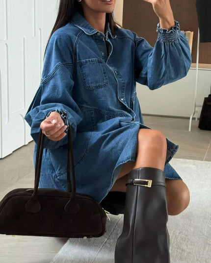 Button Down Mini Denim Dress with Front Pockets - THE AMERICAN BLUE