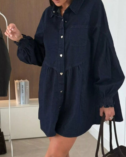 Button Down Mini Denim Dress with Front Pockets - THE AMERICAN BLUE