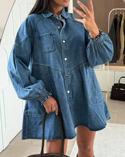 Button Down Mini Denim Dress with Front Pockets - THE AMERICAN BLUE