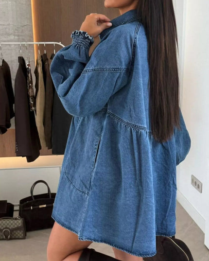 Button Down Mini Denim Dress with Front Pockets - THE AMERICAN BLUE