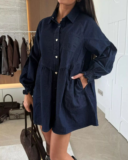 Button Down Mini Denim Dress with Front Pockets - THE AMERICAN BLUE